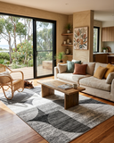 Grey rug with wooden Flooring in living room