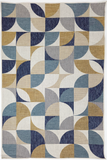 Geometric patterned rug with blue, beige, and gray colors