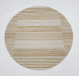 Round woven rug with beige and white stripes on a white background