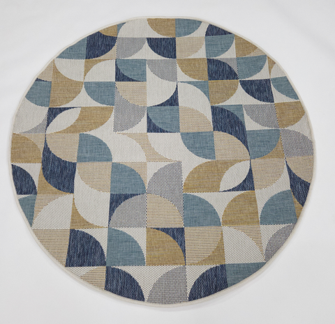Geometric Blue Cream Outdoor 1113  Rug (Round)