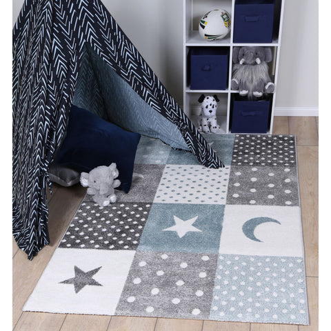 Blue Grey Stars Kids Rug